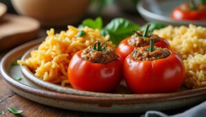 découvrez une recette facile et savoureuse de tomates farcies accompagnées de riz au four, idéale pour un repas gourmand et équilibré.