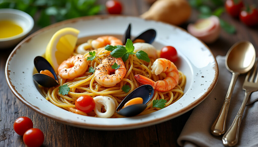 découvrez une recette simple et savoureuse de spaghetti aux fruits de mer à l’italienne, avec des saveurs méditerranéennes à partager.